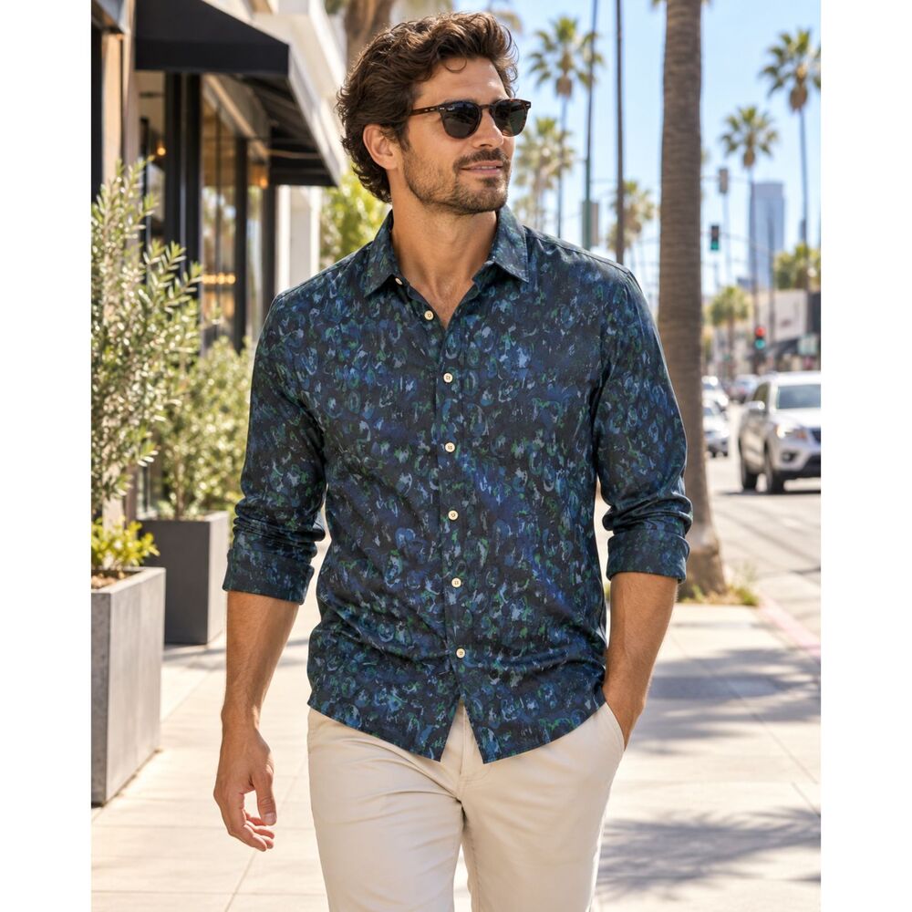 Perry Ellis Portfolio Men’s Large Long Sleeve Button Up Shirt Blue Green Print